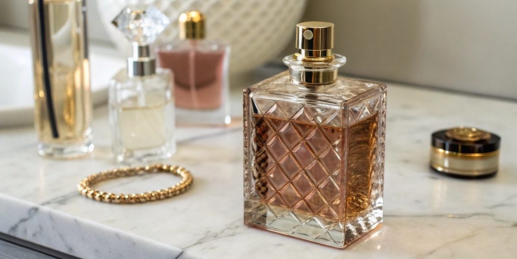 An excellent alt text would be: "A close-up of several small, elegantly labeled bottles of perfume, suggesting high-quality, luxury fragrances at an affordable price.