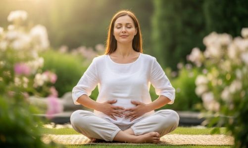 Woman practicing deep breathing meditation in peaceful setting with hands on abdomen for skin health benefits