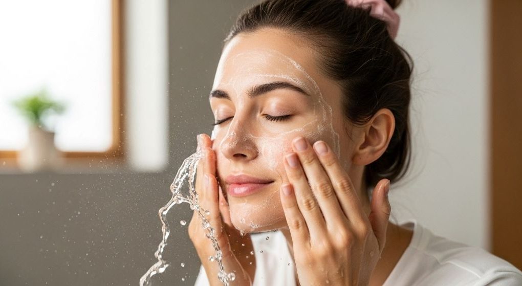 Woman washing face with gentle circular motions using lukewarm water and facial cleanser