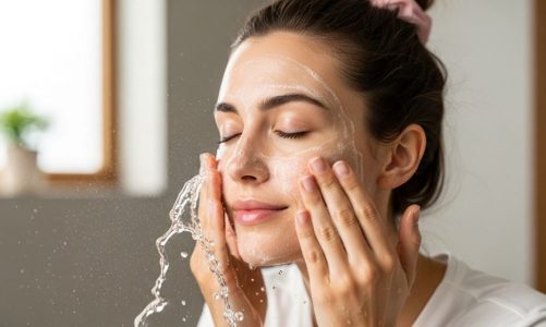 Woman washing face with gentle circular motions using lukewarm water and facial cleanser
