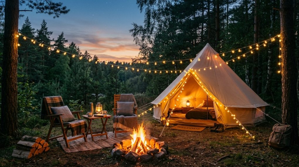 A cozy lit tent and camping chairs set up at dusk.